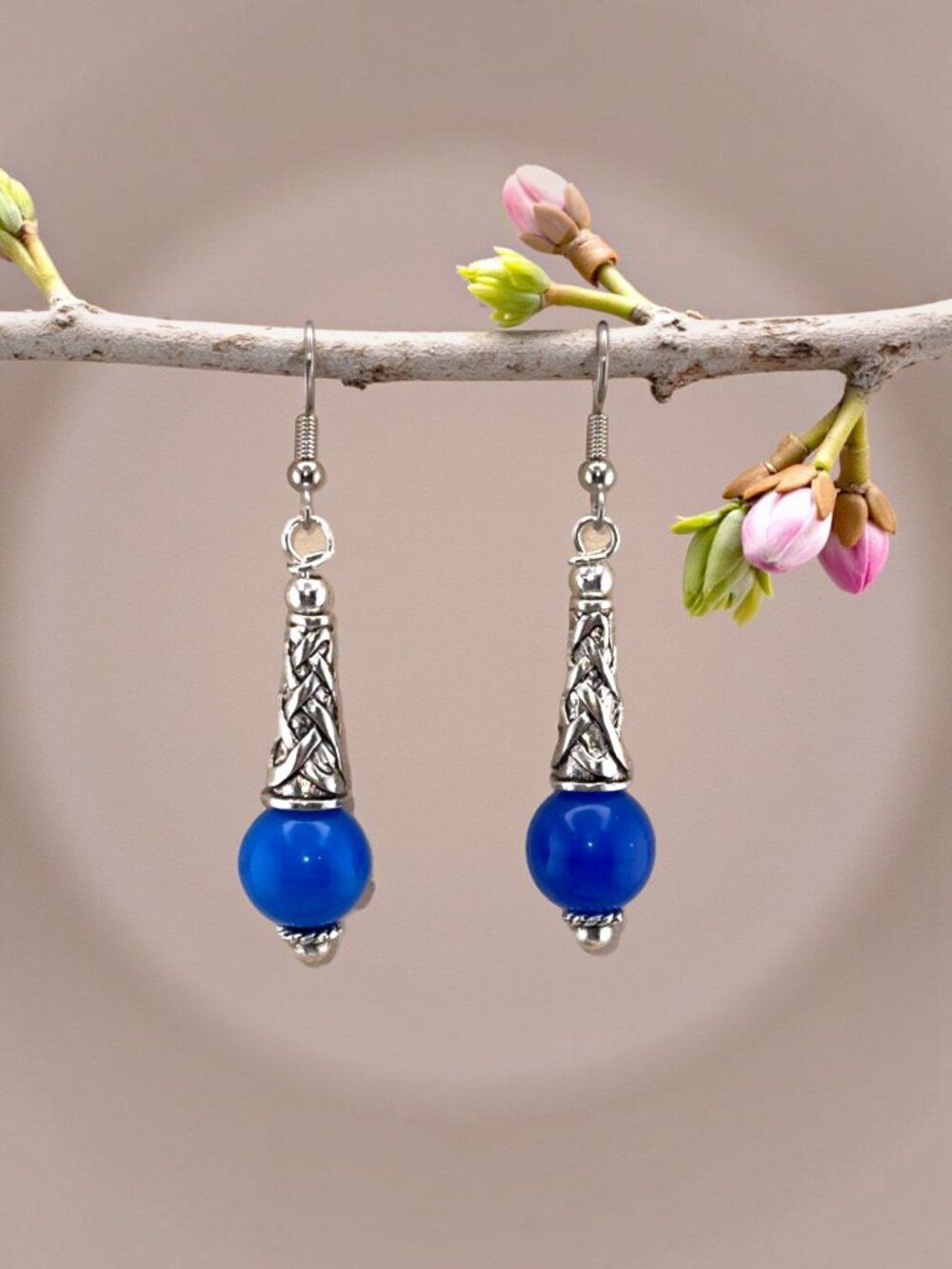 Cobalt Blue Gemstone Earrings Celtic Knot Dangle Surgical Steel Handmade